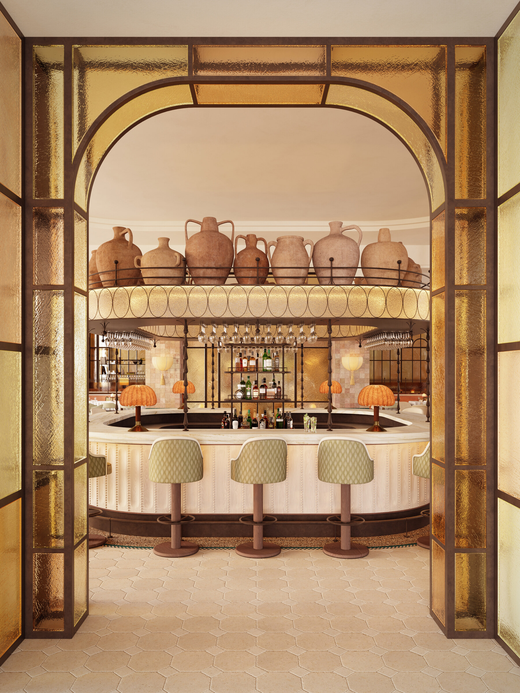 Hotel Morocco — bar through glass arch
