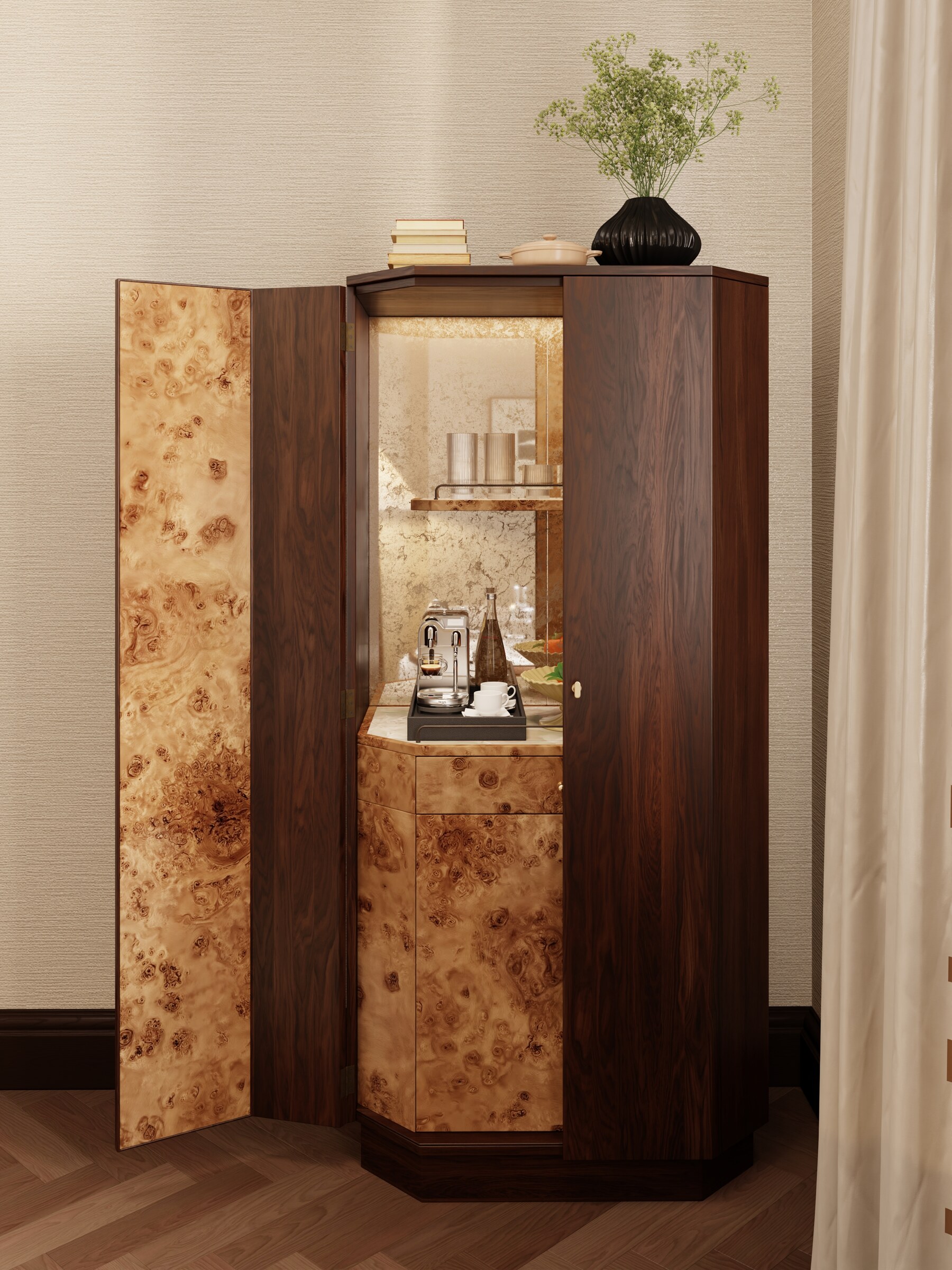 Archive — walnut and burl bar cabinet